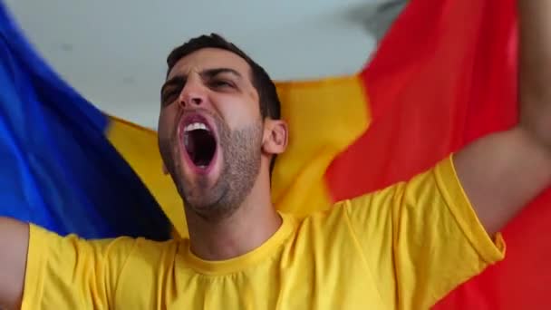 Romania Fan Che Festeggia Con Bandiera — Video Stock