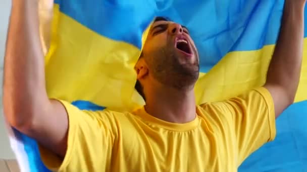 Schwedischer Fan Feiert Mit Fahne — Stockvideo