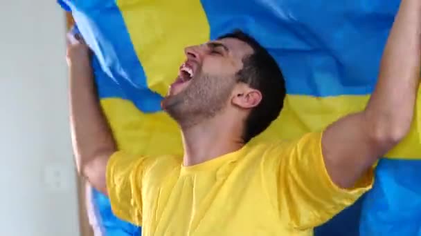Шведский Болельщик Празднует Флагом — стоковое видео