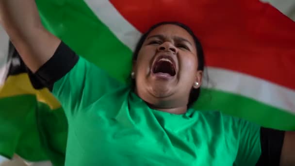 Mujer Sudafricana Celebrando Con Bandera Nacional — Vídeo de stock