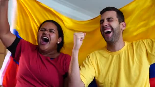 Kolumbianische Freunde Feiern Mit Nationalflagge — Stockvideo