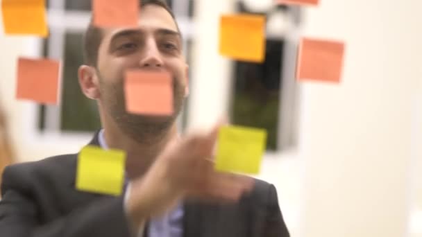 Düşünme Yapışkan Kağıt Hatırlatma Zamanlama Penceresinde Düzenleme Adamı — Stok video