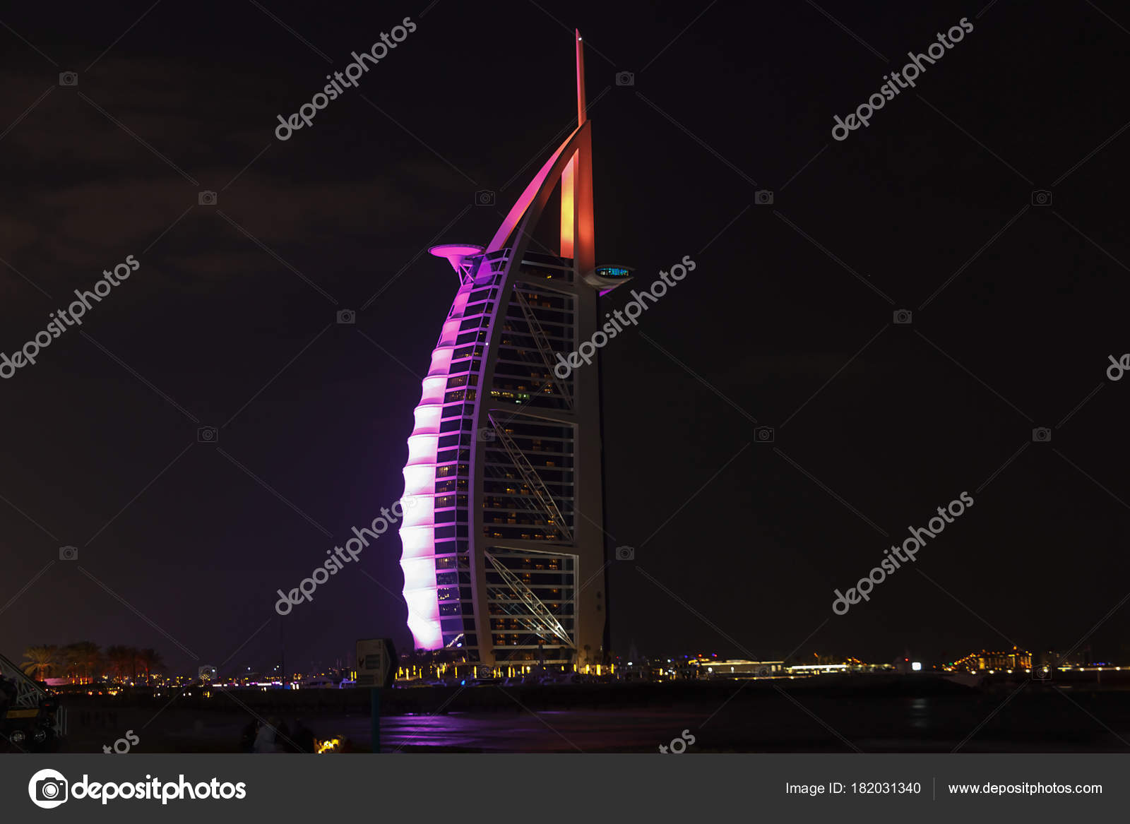 Dubai Uae January 2018 Burj Arab Hotel Night Jumeirah Beach