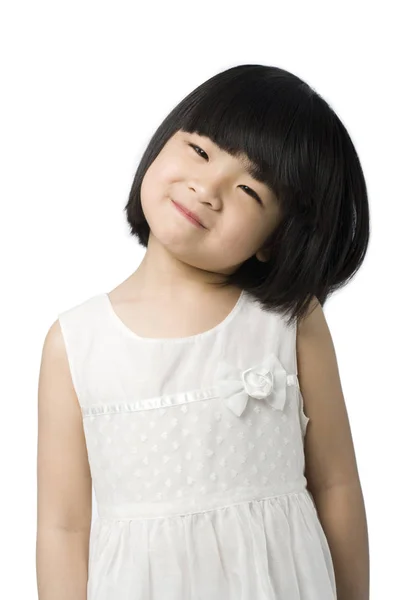 Porträt Eines Kleinen Chinesischen Mädchens Das Den Kopf Auf Weißem — Stockfoto
