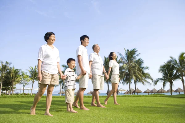 Chinese Multi Generation Family Walking Tropical Lawn Holding Hands — Stock Photo, Image