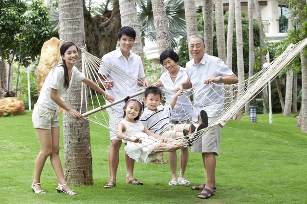 Chinese Multi Generation Family Posing Hammock — Stock Photo, Image