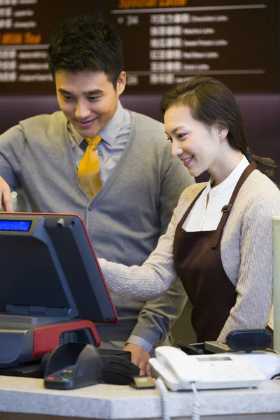 Chinese Coffee Store Shopkeeper Waitress Using Cash Register — Stock Photo, Image