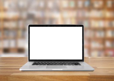 Tablo boş ekrana sahip dizüstü bilgisayarı. iç arka plan, kitaplık, Kütüphane 