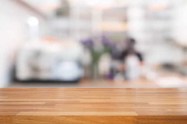 Üres fából készült asztal és fehér modern konyha kávézó háttér, rast — Stock Fotó
