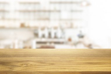 Güzel boş ahşap masa ve beyaz modern mutfak kafe backg