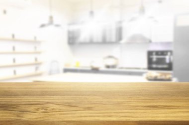 Güzel boş ahşap masa ve beyaz modern mutfak kafe backg