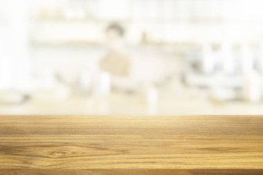 Güzel boş ahşap masa ve beyaz modern mutfak kafe backg