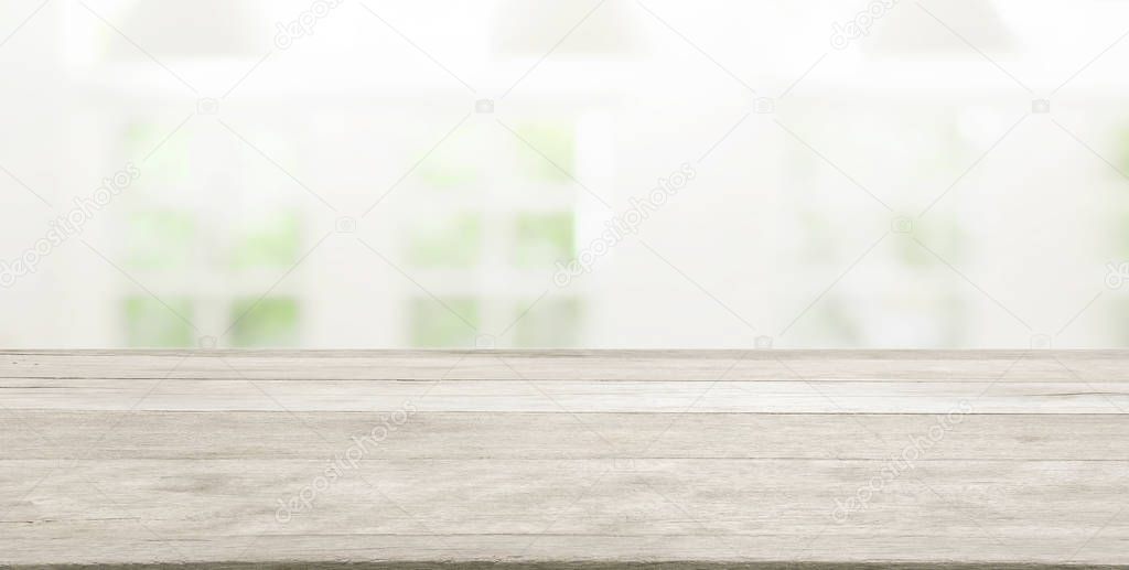 Empty wooden and table on abstract white modern window and green