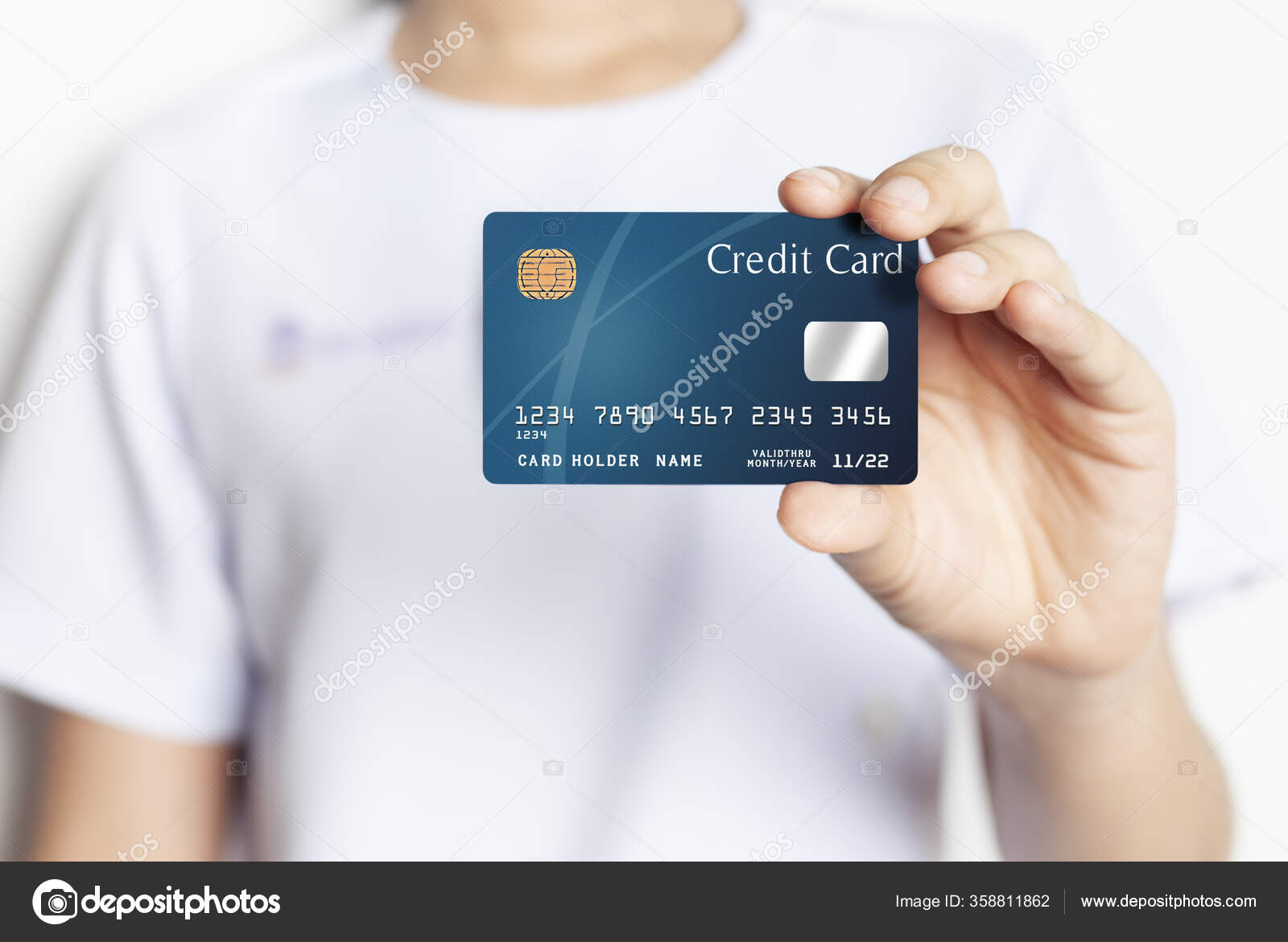 Download Woman Hand Holding Showing Blue Credit Card Wearing White Medical Stock Photo C Pannawat 358811862 PSD Mockup Templates
