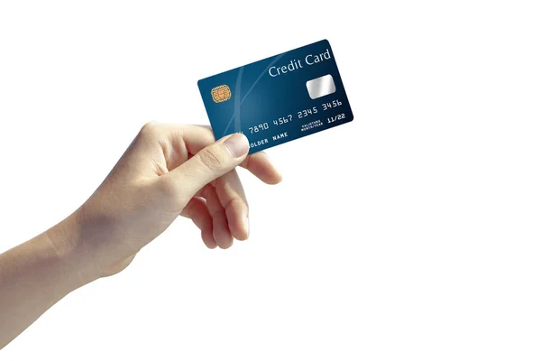 Γυναίκα Χέρι Εκμετάλλευση Και Δείχνει Μπλε Mock Πιστωτική Κάρτα Μπροστινή — Φωτογραφία Αρχείου