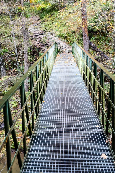 Diminishing perspective of metal suspension footbridge over rive — Stock Photo, Image