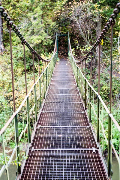 Diminishing perspective of metal suspension footbridge over rive — Stock Photo, Image