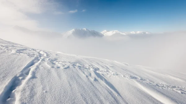 冬天与灿烂的阳光和蓝色的白雪覆盖的山顶 — 图库照片