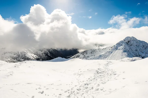 Горные вершины зимой покрыты снегом с ярким солнцем и синим — стоковое фото
