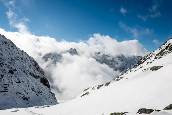 Mountain tops in winter covered in snow with bright sun and blue — Stock Photo, Image