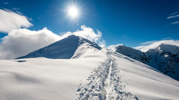 Szczyty gór zimą pokryte śniegiem z jasne słońce i błękitne — Zdjęcie stockowe