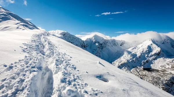 Cumes de montanha no inverno coberto de neve com sol brilhante e azul — Fotografia de Stock