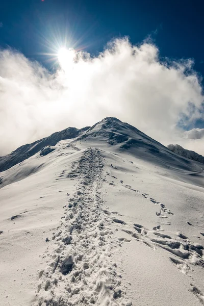 Cumbres de montaña en invierno cubiertas de nieve con sol brillante y azul — Foto de Stock