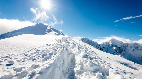 Bergtoppen in de winter bedekt met sneeuw met felle zon en blauw — Stockfoto