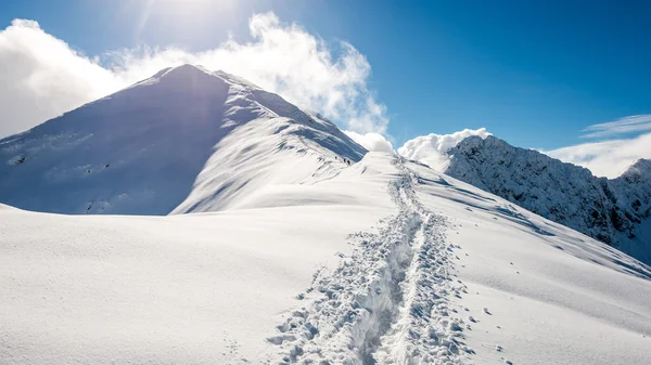 Szczyty gór zimą pokryte śniegiem z jasne słońce i błękitne — Zdjęcie stockowe