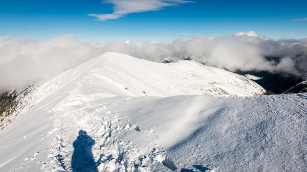 Turistas desfrutando de altas montanhas na neve em um dia ensolarado — Fotografia de Stock