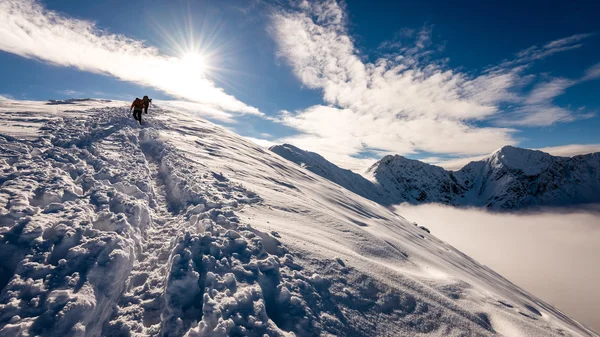 Turister som nyter høye fjell i snø på en solrik dag – stockfoto