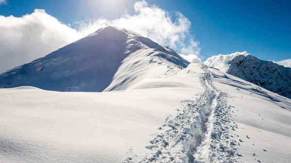 Bergtoppen in de winter bedekt met sneeuw met felle zon en blauw — Stockfoto