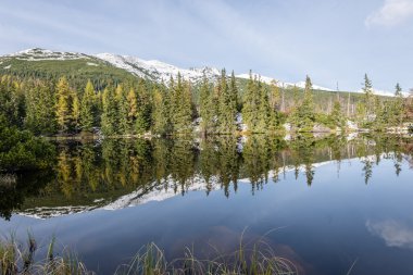 Kar ve dağ sakin göl su yansımalar