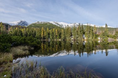 Kar ve dağ sakin göl su yansımalar
