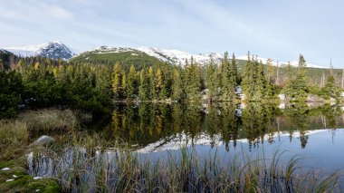 Kar ve dağ sakin göl su yansımalar