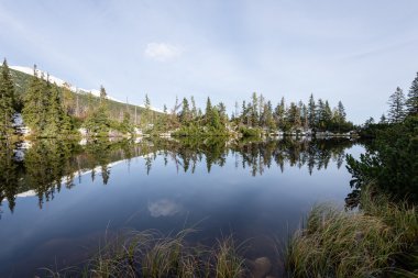 Kar ve dağ sakin göl su yansımalar