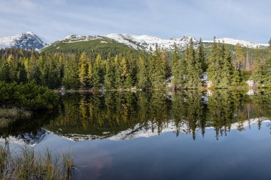 Kar ve dağ sakin göl su yansımalar