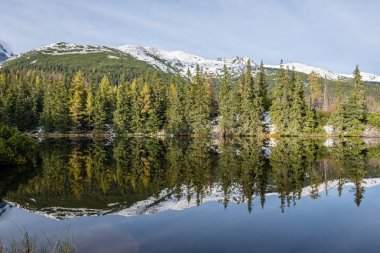 Kar ve dağ sakin göl su yansımalar