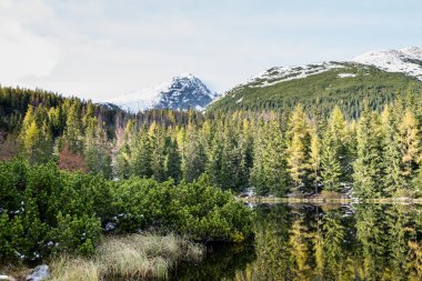 Kar ve dağ sakin göl su yansımalar