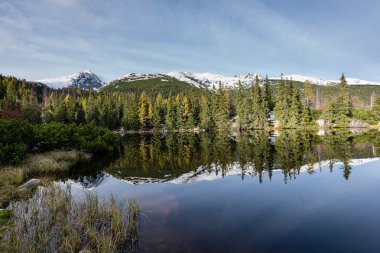 Kar ve dağ sakin göl su yansımalar