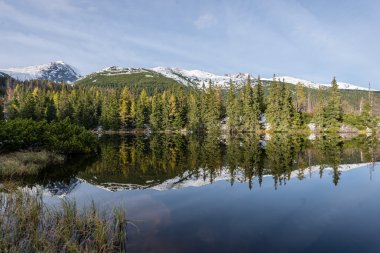 Kar ve dağ sakin göl su yansımalar