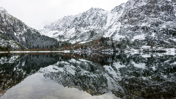 Reflections in the calm lake water with snow and mountains — Stock Photo, Image