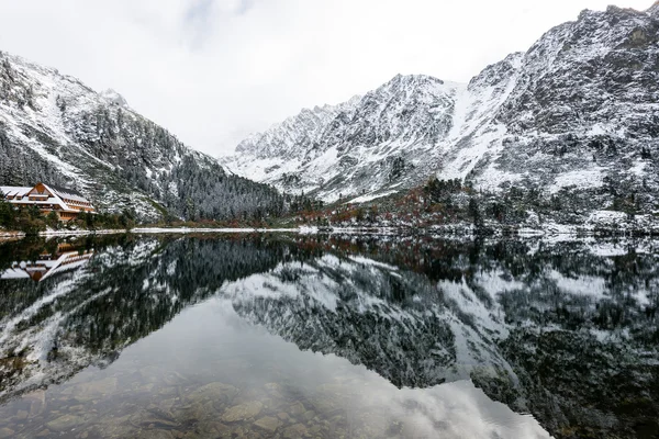 Reflections in the calm lake water with snow and mountains — Stock Photo, Image