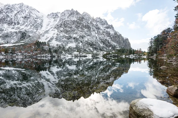 Reflections in the calm lake water with snow and mountains — Stock Photo, Image