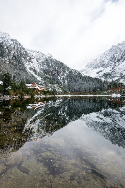 Reflections in the calm lake water with snow and mountains — Stock Photo, Image