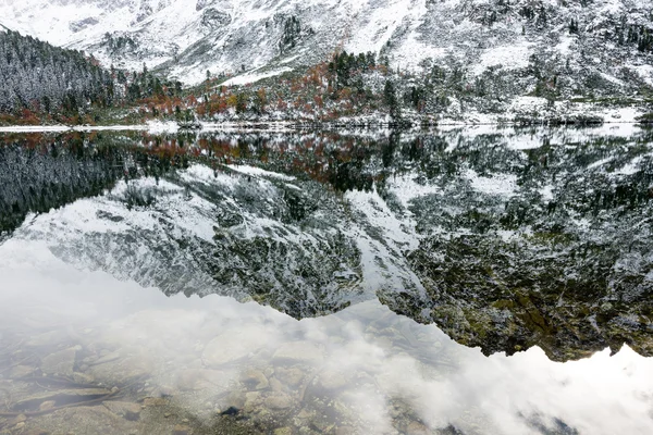 Reflections in the calm lake water with snow and mountains — Stock Photo, Image