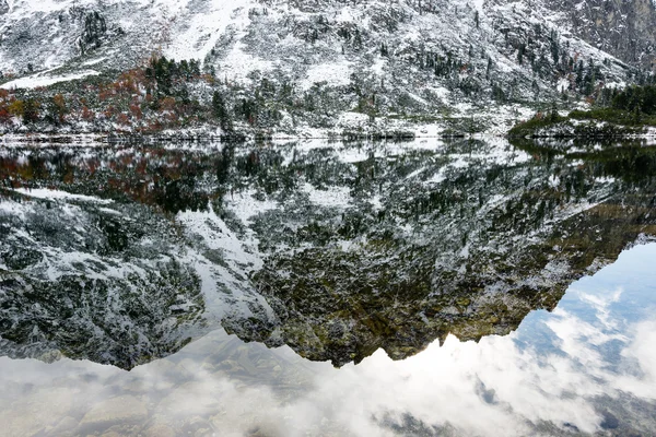 Reflections in the calm lake water with snow and mountains — Stock Photo, Image