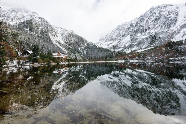 Reflections in the calm lake water with snow and mountains — Stock Photo, Image