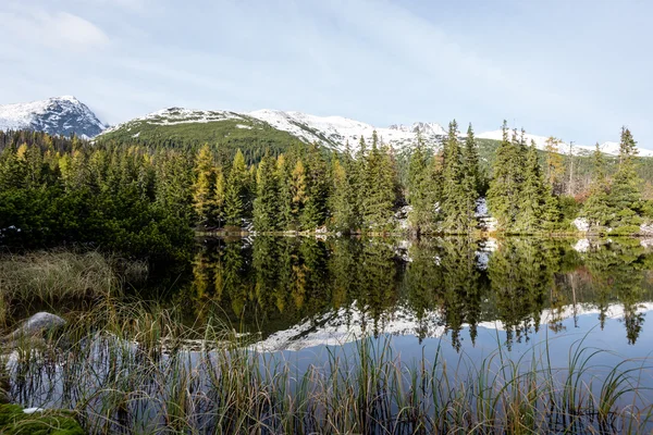 Gondolatok a nyugodt tó víz, hó, és a hegyek — Stock Fotó