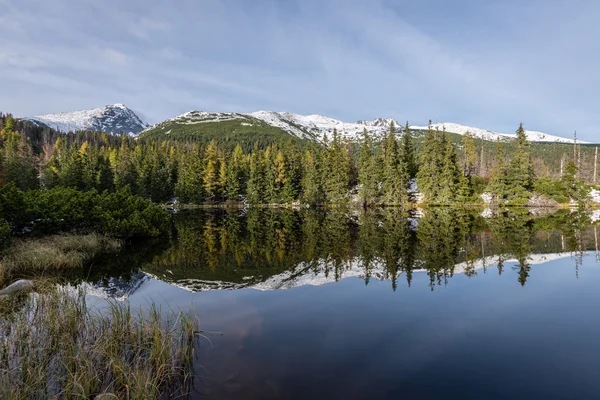 Refleksje w spokojnych wodach jeziora wody z góry i śnieg — Zdjęcie stockowe